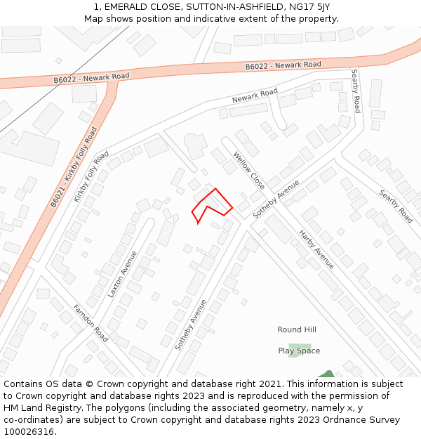 1, EMERALD CLOSE, SUTTON-IN-ASHFIELD, NG17 5JY: Location map and indicative extent of plot