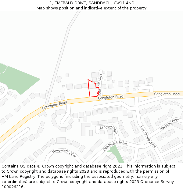 1, EMERALD DRIVE, SANDBACH, CW11 4ND: Location map and indicative extent of plot