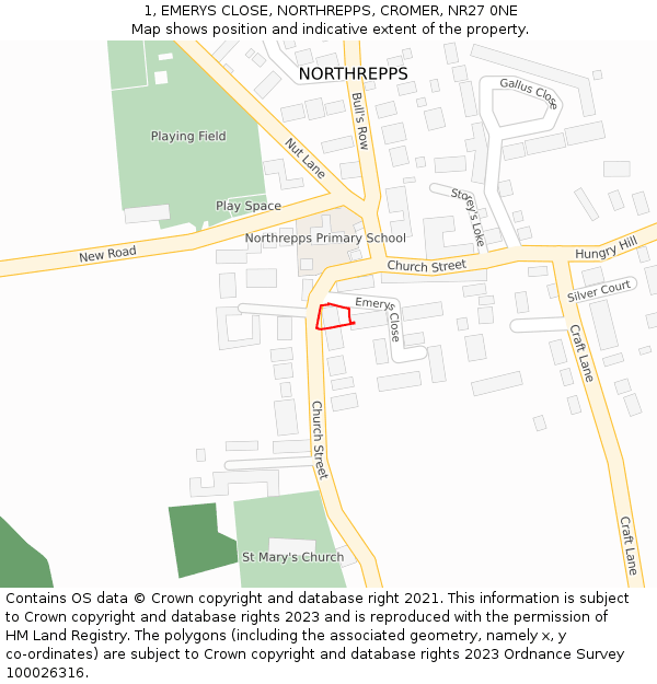 1, EMERYS CLOSE, NORTHREPPS, CROMER, NR27 0NE: Location map and indicative extent of plot