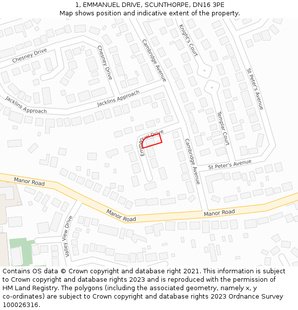 1, EMMANUEL DRIVE, SCUNTHORPE, DN16 3PE: Location map and indicative extent of plot