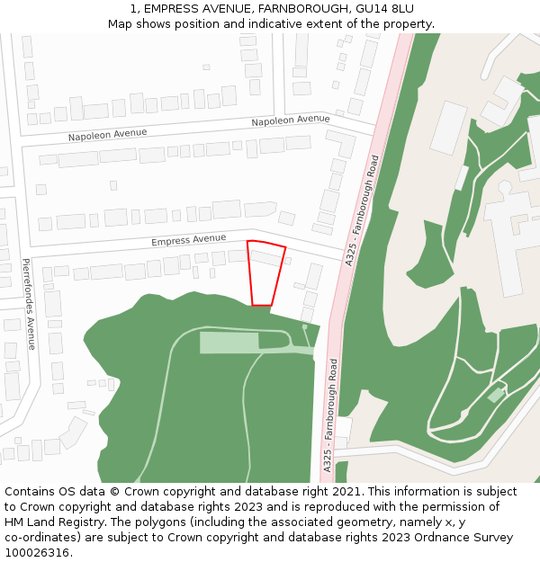 1, EMPRESS AVENUE, FARNBOROUGH, GU14 8LU: Location map and indicative extent of plot