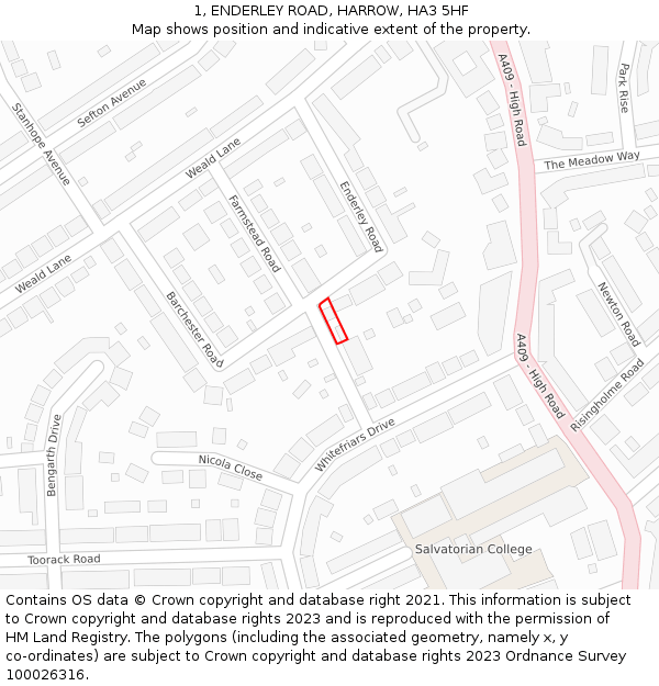 1, ENDERLEY ROAD, HARROW, HA3 5HF: Location map and indicative extent of plot