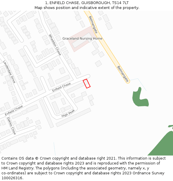 1, ENFIELD CHASE, GUISBOROUGH, TS14 7LT: Location map and indicative extent of plot