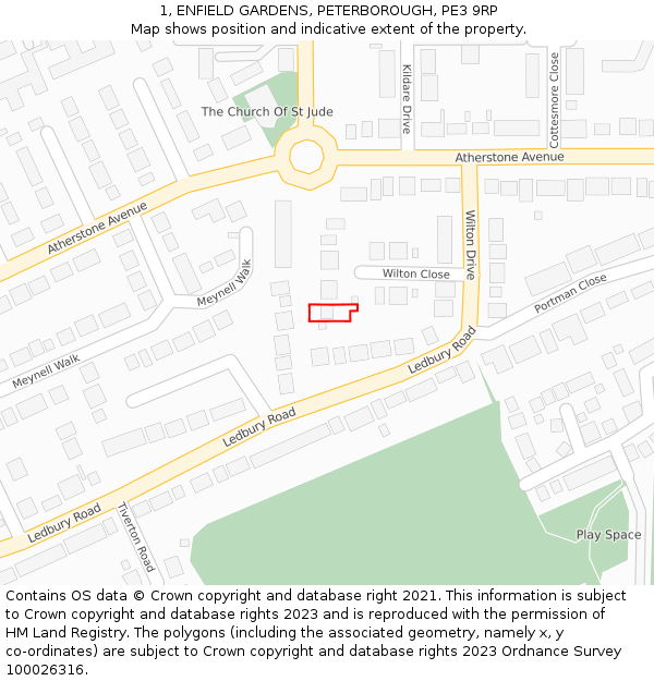 1, ENFIELD GARDENS, PETERBOROUGH, PE3 9RP: Location map and indicative extent of plot