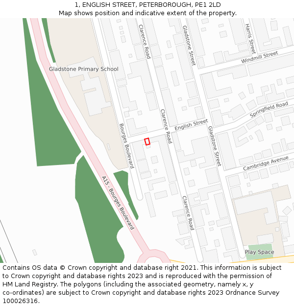 1, ENGLISH STREET, PETERBOROUGH, PE1 2LD: Location map and indicative extent of plot