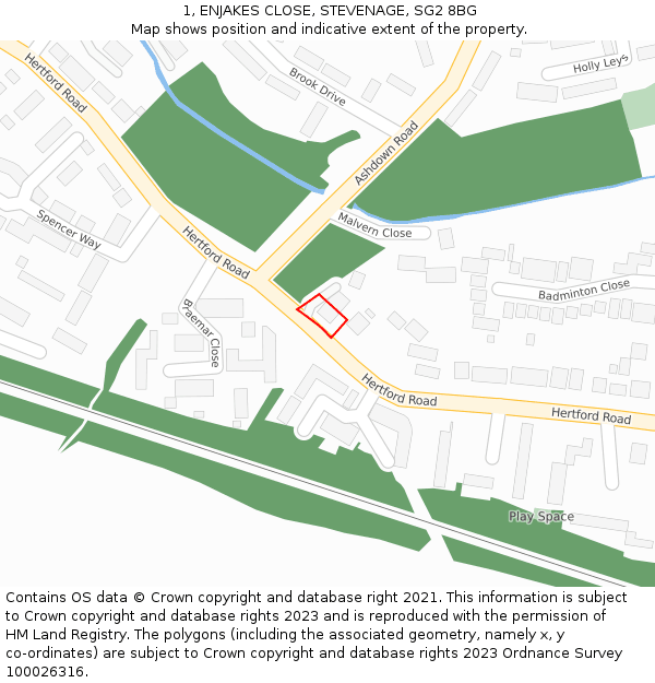 1, ENJAKES CLOSE, STEVENAGE, SG2 8BG: Location map and indicative extent of plot