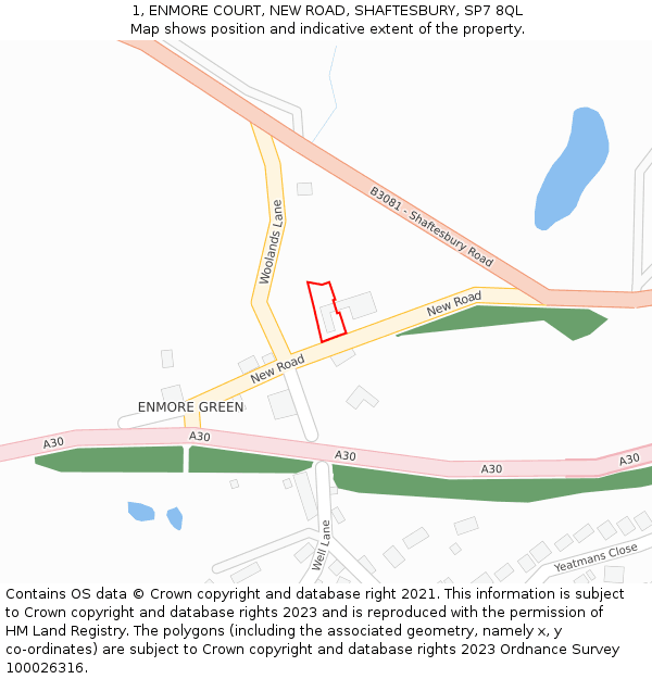 1, ENMORE COURT, NEW ROAD, SHAFTESBURY, SP7 8QL: Location map and indicative extent of plot