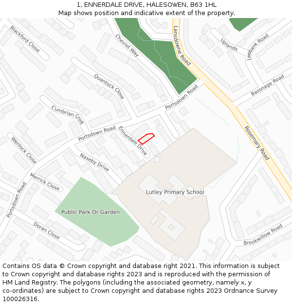 1, ENNERDALE DRIVE, HALESOWEN, B63 1HL: Location map and indicative extent of plot