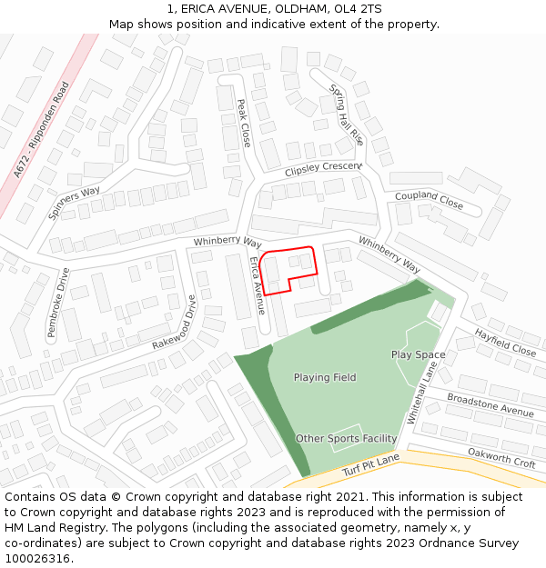 1, ERICA AVENUE, OLDHAM, OL4 2TS: Location map and indicative extent of plot