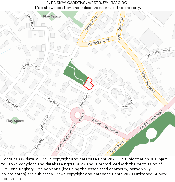 1, ERISKAY GARDENS, WESTBURY, BA13 3GH: Location map and indicative extent of plot