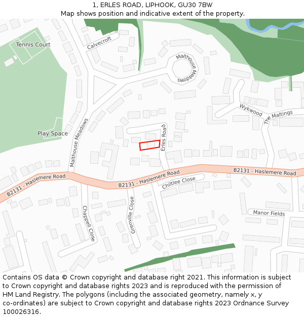 1, ERLES ROAD, LIPHOOK, GU30 7BW: Location map and indicative extent of plot