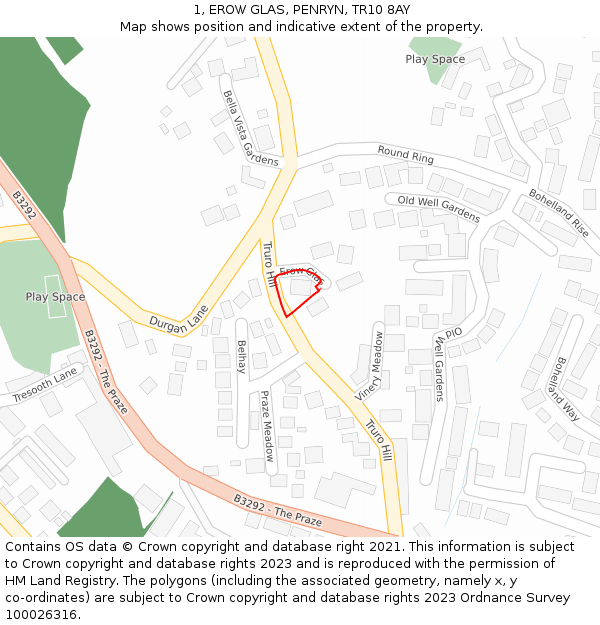 1, EROW GLAS, PENRYN, TR10 8AY: Location map and indicative extent of plot