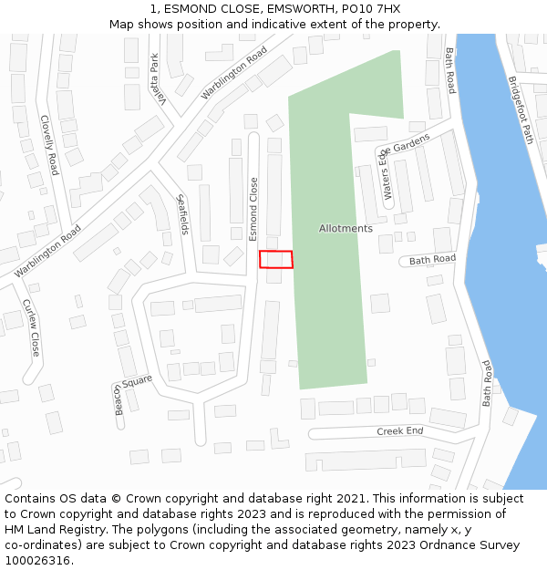 1, ESMOND CLOSE, EMSWORTH, PO10 7HX: Location map and indicative extent of plot