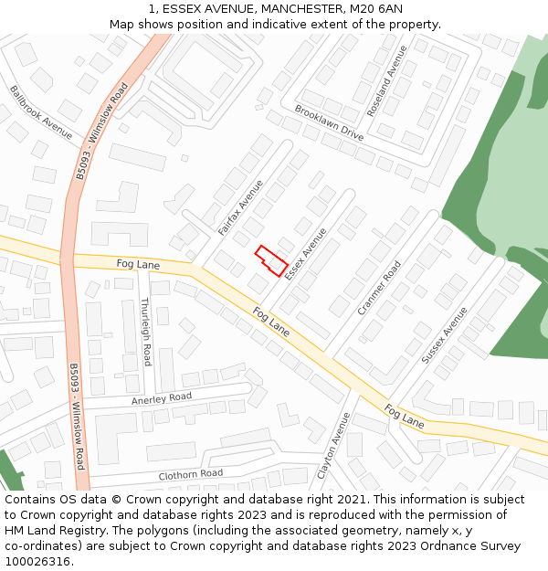 1, ESSEX AVENUE, MANCHESTER, M20 6AN: Location map and indicative extent of plot