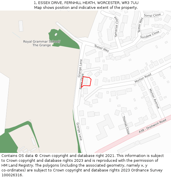 1, ESSEX DRIVE, FERNHILL HEATH, WORCESTER, WR3 7UU: Location map and indicative extent of plot