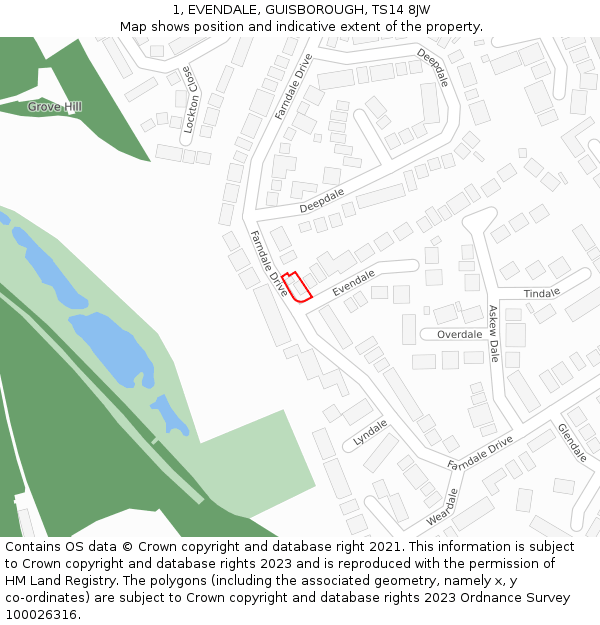 1, EVENDALE, GUISBOROUGH, TS14 8JW: Location map and indicative extent of plot