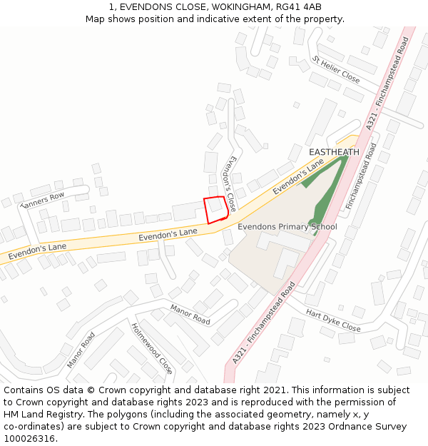 1, EVENDONS CLOSE, WOKINGHAM, RG41 4AB: Location map and indicative extent of plot