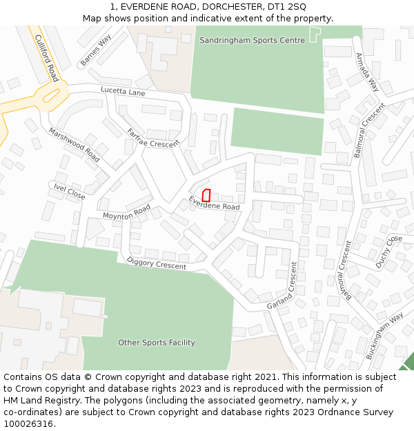 1, EVERDENE ROAD, DORCHESTER, DT1 2SQ: Location map and indicative extent of plot