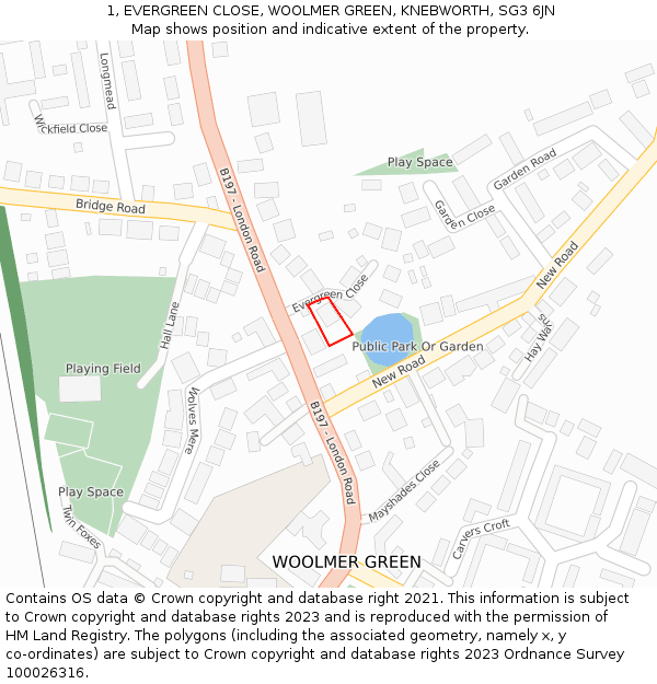 1, EVERGREEN CLOSE, WOOLMER GREEN, KNEBWORTH, SG3 6JN: Location map and indicative extent of plot