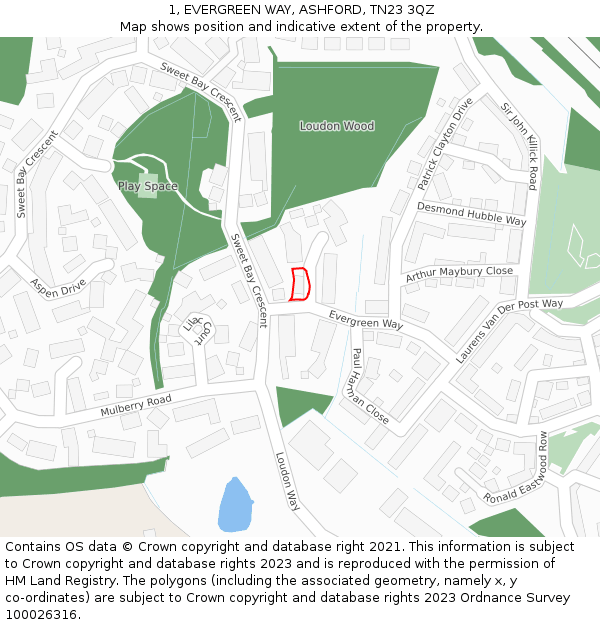 1, EVERGREEN WAY, ASHFORD, TN23 3QZ: Location map and indicative extent of plot