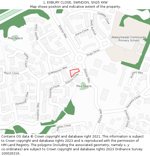 1, EXBURY CLOSE, SWINDON, SN25 4XW: Location map and indicative extent of plot