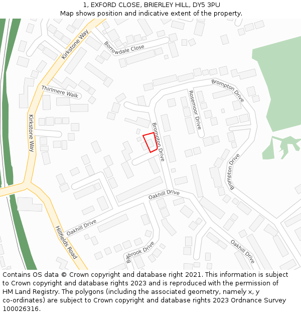 1, EXFORD CLOSE, BRIERLEY HILL, DY5 3PU: Location map and indicative extent of plot