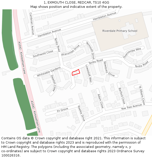 1, EXMOUTH CLOSE, REDCAR, TS10 4GG: Location map and indicative extent of plot
