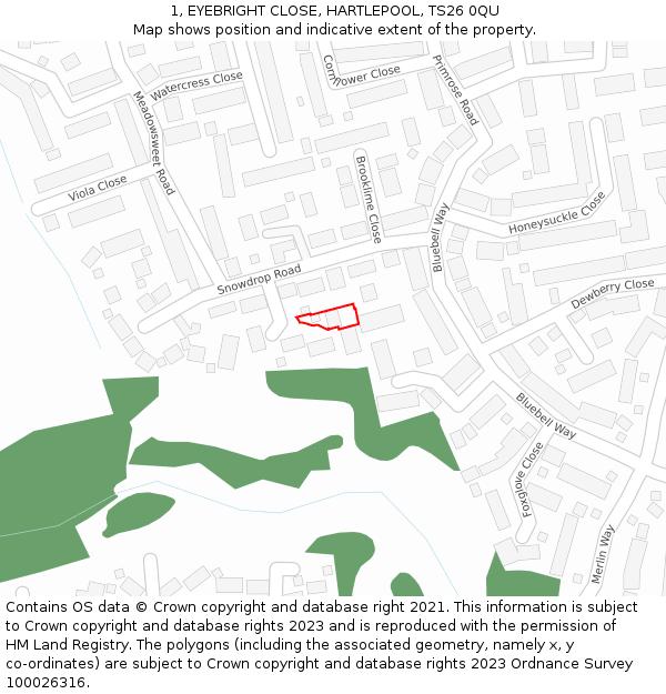 1, EYEBRIGHT CLOSE, HARTLEPOOL, TS26 0QU: Location map and indicative extent of plot