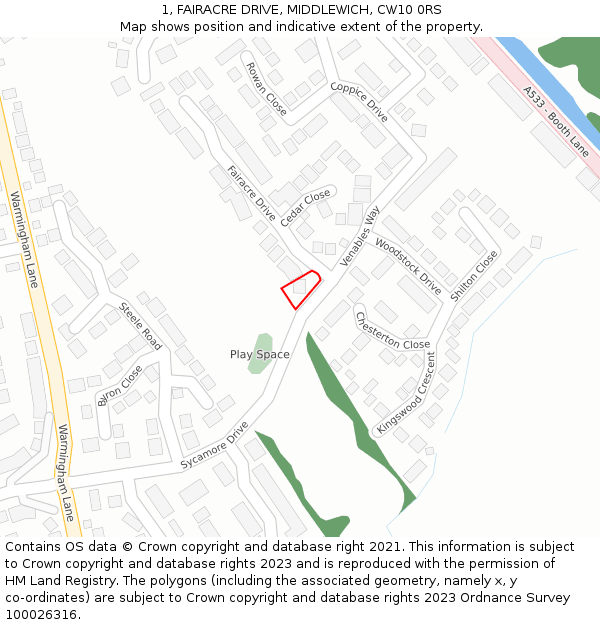 1, FAIRACRE DRIVE, MIDDLEWICH, CW10 0RS: Location map and indicative extent of plot