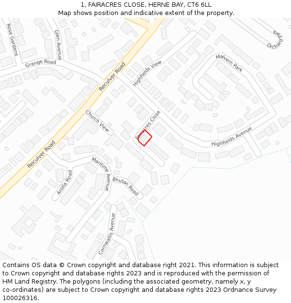 1, FAIRACRES CLOSE, HERNE BAY, CT6 6LL: Location map and indicative extent of plot