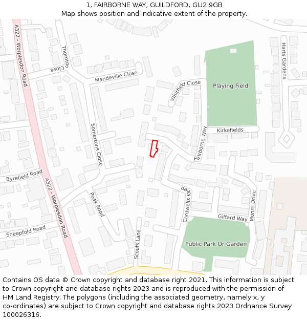 1, FAIRBORNE WAY, GUILDFORD, GU2 9GB: Location map and indicative extent of plot