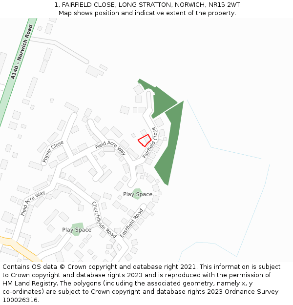 1, FAIRFIELD CLOSE, LONG STRATTON, NORWICH, NR15 2WT: Location map and indicative extent of plot