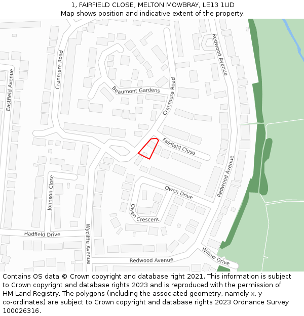 1, FAIRFIELD CLOSE, MELTON MOWBRAY, LE13 1UD: Location map and indicative extent of plot