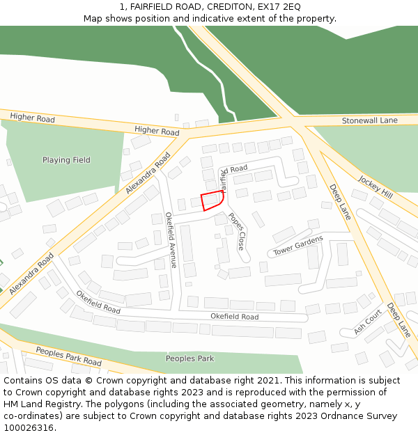 1, FAIRFIELD ROAD, CREDITON, EX17 2EQ: Location map and indicative extent of plot