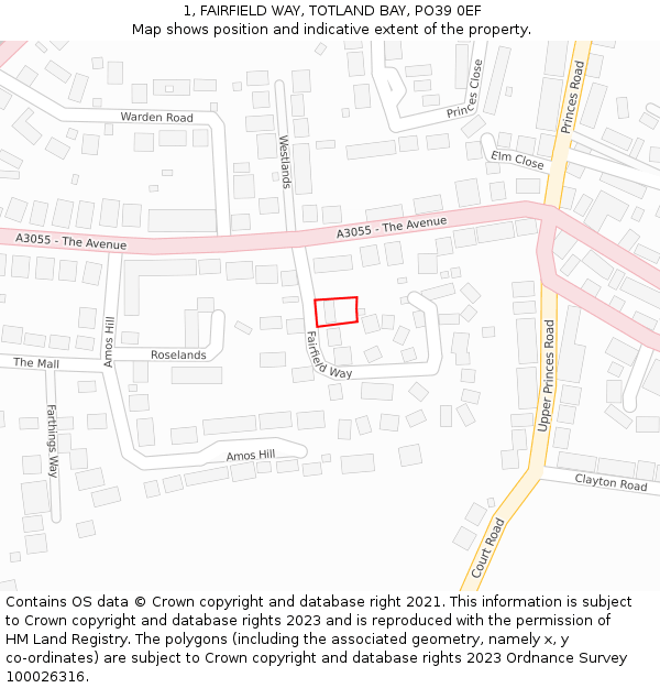 1, FAIRFIELD WAY, TOTLAND BAY, PO39 0EF: Location map and indicative extent of plot