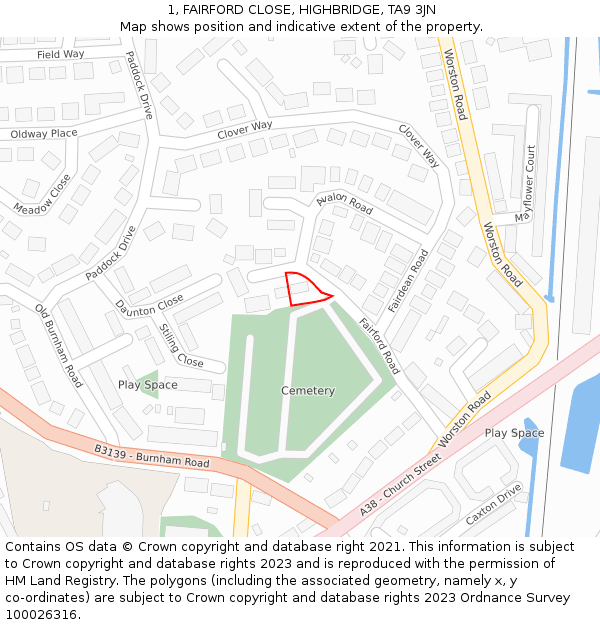 1, FAIRFORD CLOSE, HIGHBRIDGE, TA9 3JN: Location map and indicative extent of plot