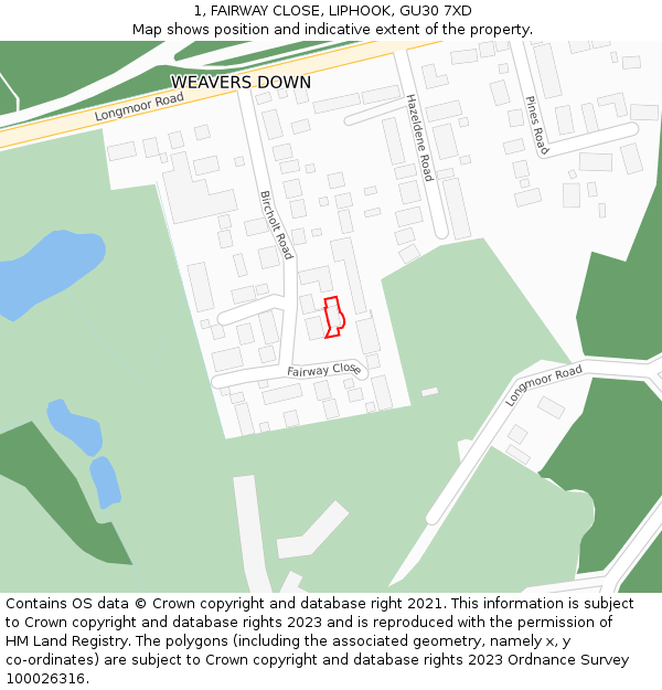 1, FAIRWAY CLOSE, LIPHOOK, GU30 7XD: Location map and indicative extent of plot