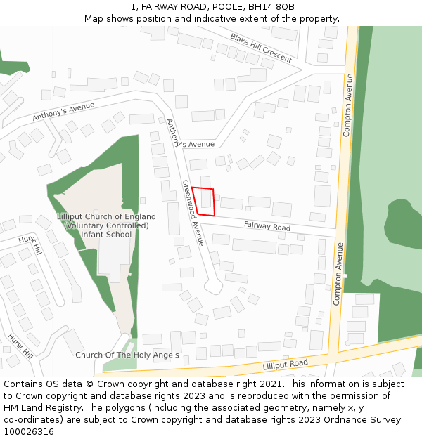 1, FAIRWAY ROAD, POOLE, BH14 8QB: Location map and indicative extent of plot