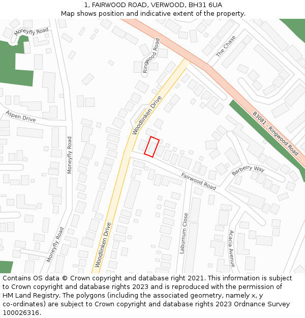 1, FAIRWOOD ROAD, VERWOOD, BH31 6UA: Location map and indicative extent of plot