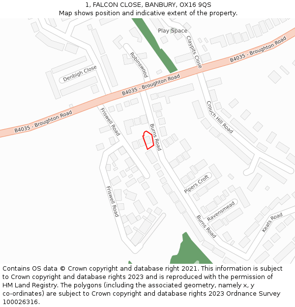 1, FALCON CLOSE, BANBURY, OX16 9QS: Location map and indicative extent of plot