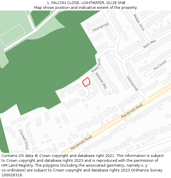 1, FALCON CLOSE, LIGHTWATER, GU18 5NB: Location map and indicative extent of plot