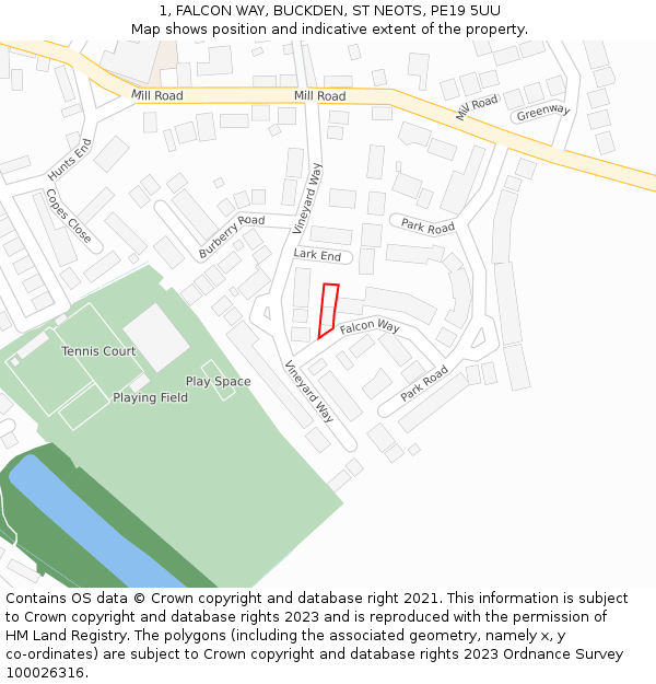 1, FALCON WAY, BUCKDEN, ST NEOTS, PE19 5UU: Location map and indicative extent of plot