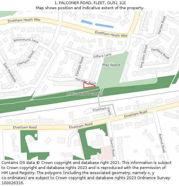 1, FALCONER ROAD, FLEET, GU51 1LE: Location map and indicative extent of plot