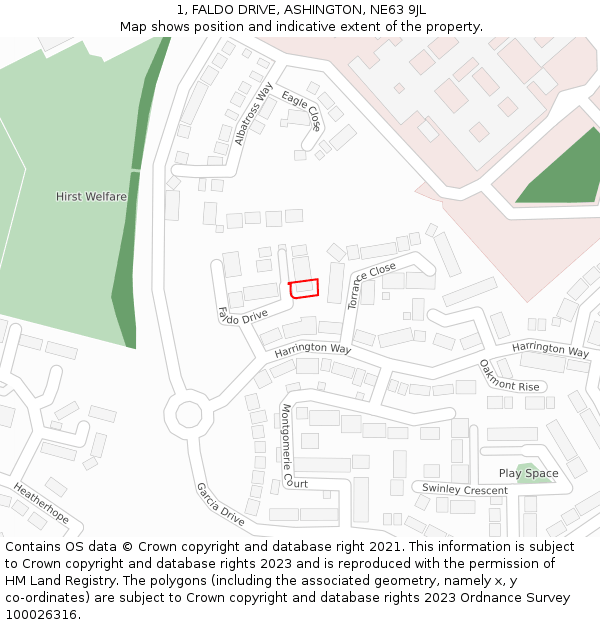 1, FALDO DRIVE, ASHINGTON, NE63 9JL: Location map and indicative extent of plot