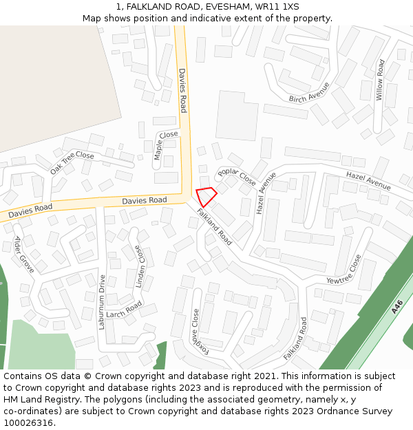 1, FALKLAND ROAD, EVESHAM, WR11 1XS: Location map and indicative extent of plot