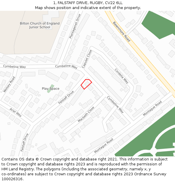 1, FALSTAFF DRIVE, RUGBY, CV22 6LL: Location map and indicative extent of plot