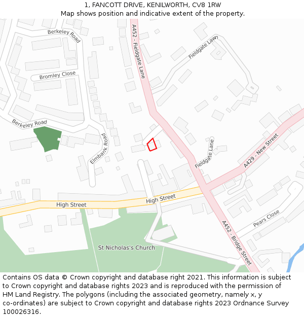 1, FANCOTT DRIVE, KENILWORTH, CV8 1RW: Location map and indicative extent of plot