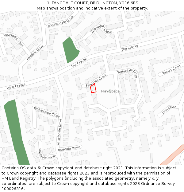 1, FANGDALE COURT, BRIDLINGTON, YO16 6RS: Location map and indicative extent of plot
