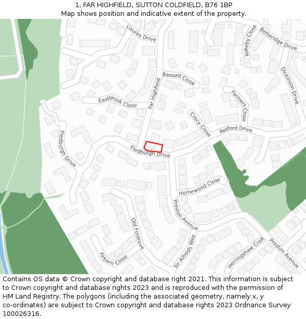 1, FAR HIGHFIELD, SUTTON COLDFIELD, B76 1BP: Location map and indicative extent of plot
