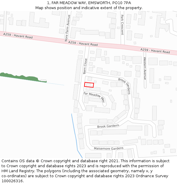 1, FAR MEADOW WAY, EMSWORTH, PO10 7PA: Location map and indicative extent of plot